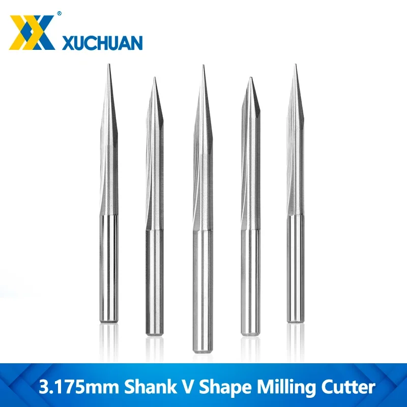 CNC Router Bit 10pcs 3.175mm Shank 2 Flute Straight V Shape End Mill 20-90 Degrees CNC Tungsten Carbide Carving Bit