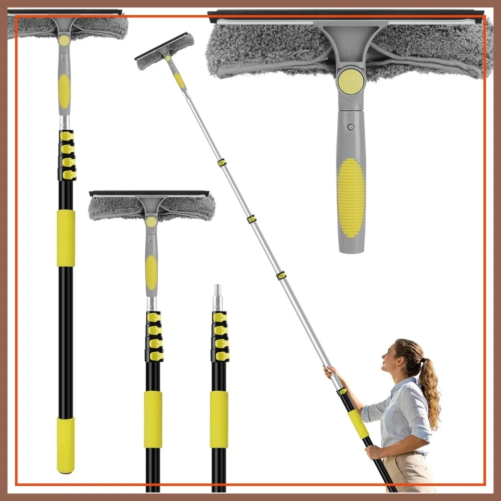 

26FT Window Squeegee with Extension Pole, 2-in-1 Washer, 180° Rotating Head, Washable Cloth