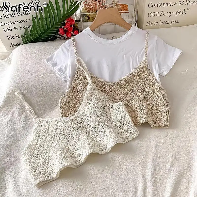 Summer Bohemian Hand Hook Knitted Cut-out Suit Women\'s Camisole Bra Top+wide Leg Shorts Two-piece Set