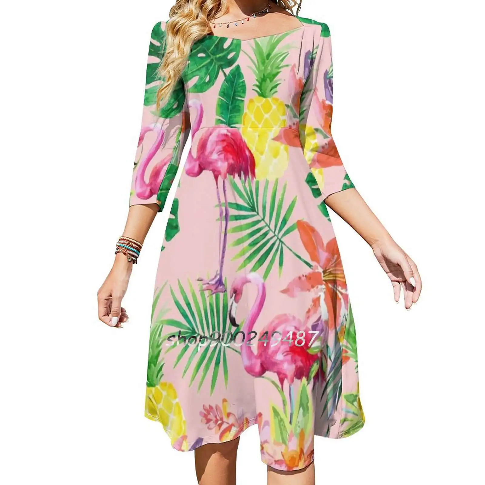 Tropical Flare Dress Square Neck Dress Elegant Female Fashion Printed Dress Tropical Flamingo Pineapple Pattern Palm Leaves