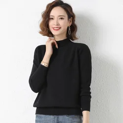 2023 Spring and Autumn Cashmere Sweater Women's Merino Wool Knitted Sweater Half High Neck Hollowed Out Pullover Long Sleeves