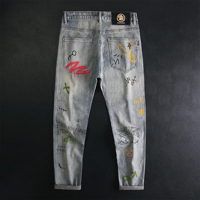 Trendy Brand Painted Graffiti Printed Jeans, Men's Personality, Trendy, Slim Fit, Elastic, Street Rascal, Handsome Pants