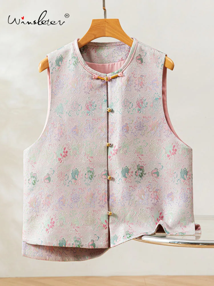 

Winsleter-100%Real Silk Song Brocade Elegant Vest Coat, O Neck Geometry, Women New Chinese Style Waistcoat, 2025 Autumn C5N306CC