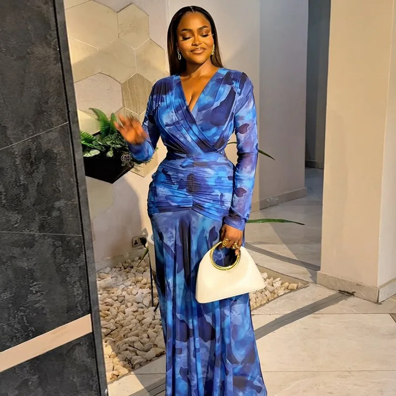 

STYLISH LADY Blue Tie Dye Printed Bodycon Maxi Dress 2026 Summer Women Long Sleeve V Neck Ruched Waist Club Party Dress
