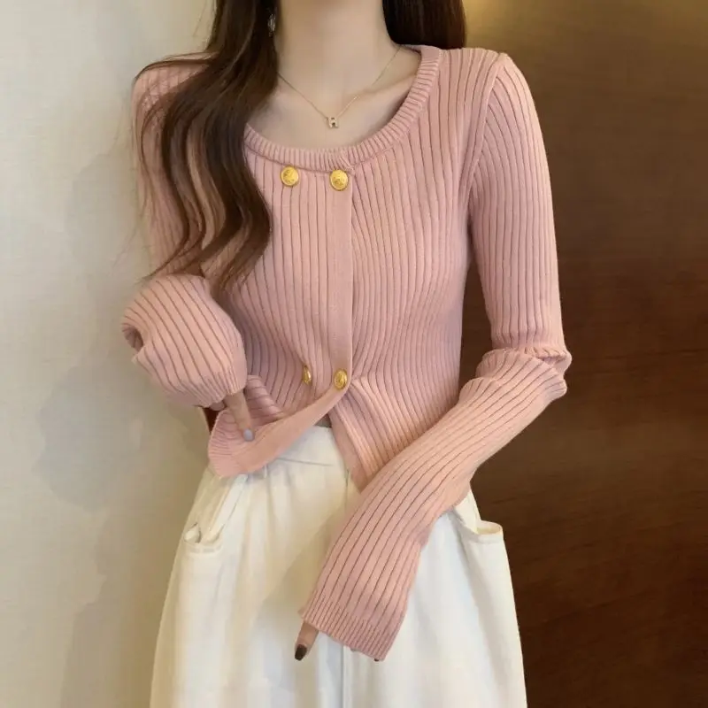 Square Neck Slim Fit Knitted Cardigan Women's New Design Sense Niche Versatile Short Sweater Top