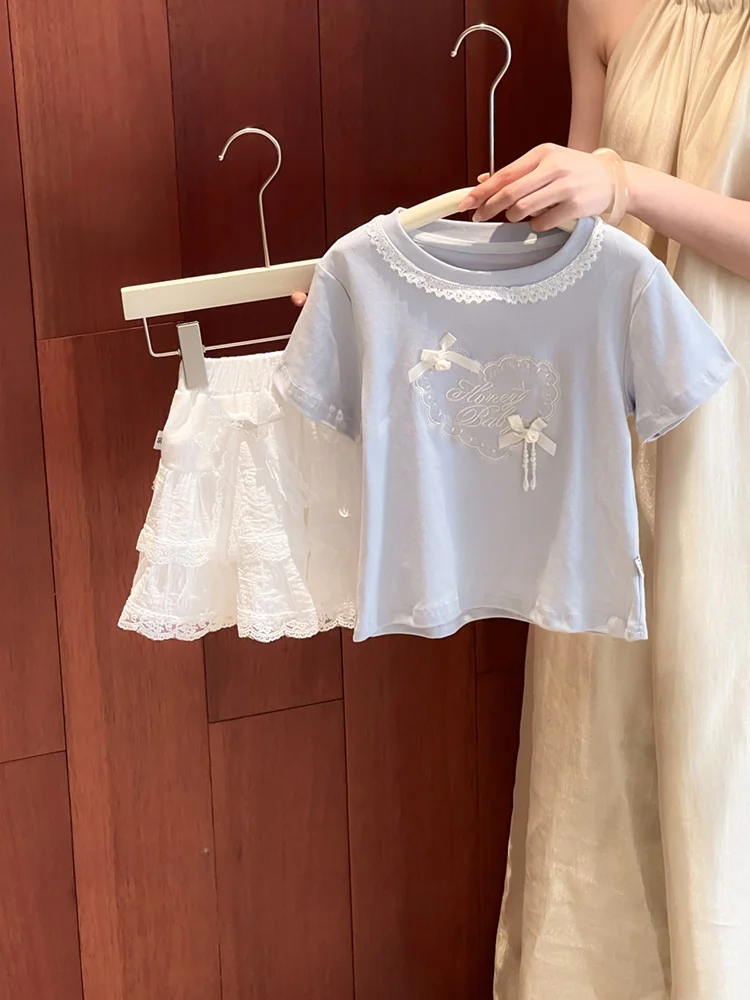 

Fashionable Lace Trim Short Sleeve T-Shirt Skirt Set for Girls Cute Biscuit Skirt Breathable Summer Outfit Two-Piece Set