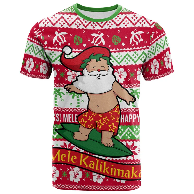 Cartoon Santa Claus Graphic T-shirt Men 3d Printed Hawaiian Polynesia Short Sleeves Tops Ugly Christmas Oversized Tee Shirts