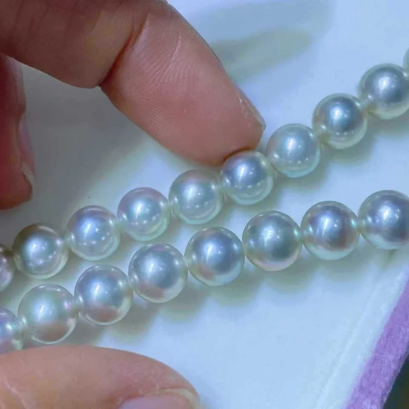 Gray-blue with greenish undertones-8mm natural seawater Akoya pearl necklace