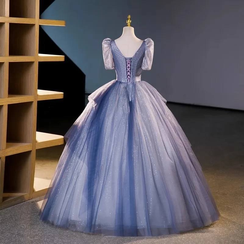 Verão novo longo lantejoulas com decote em v manga princesa grande vestido de noite moda banquete desempenho vocal desempenho arte exame vestido