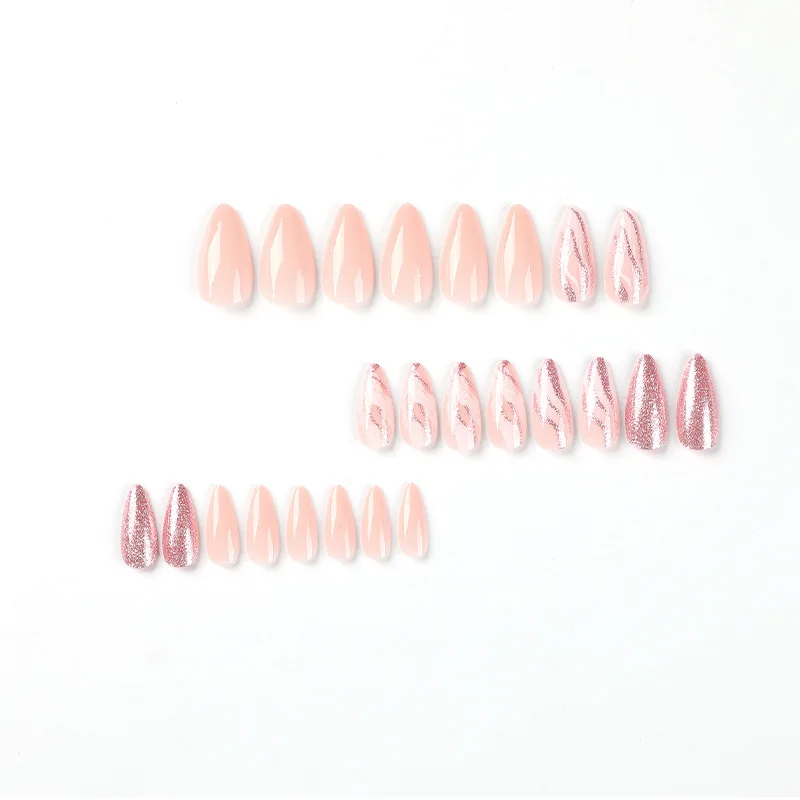 24 pzas Uñas postizas largas francesas con brillantina, incluye 1 pegamento de gel y 1 lima 3