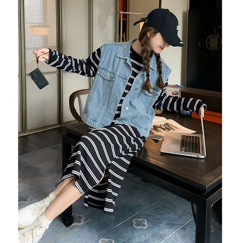 Women's Spring Autumn Stripe Long T Shirts Dress Denim Vest Two Piece Set Lady Falls Casual Tank Coats O-Neck Dresses Outfits