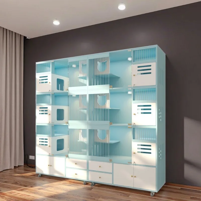 Customizable Spacious Multi-Compartment Cat Kennel Cabinet with Clear Viewing Panels and Storage Shelves for Indoor Use