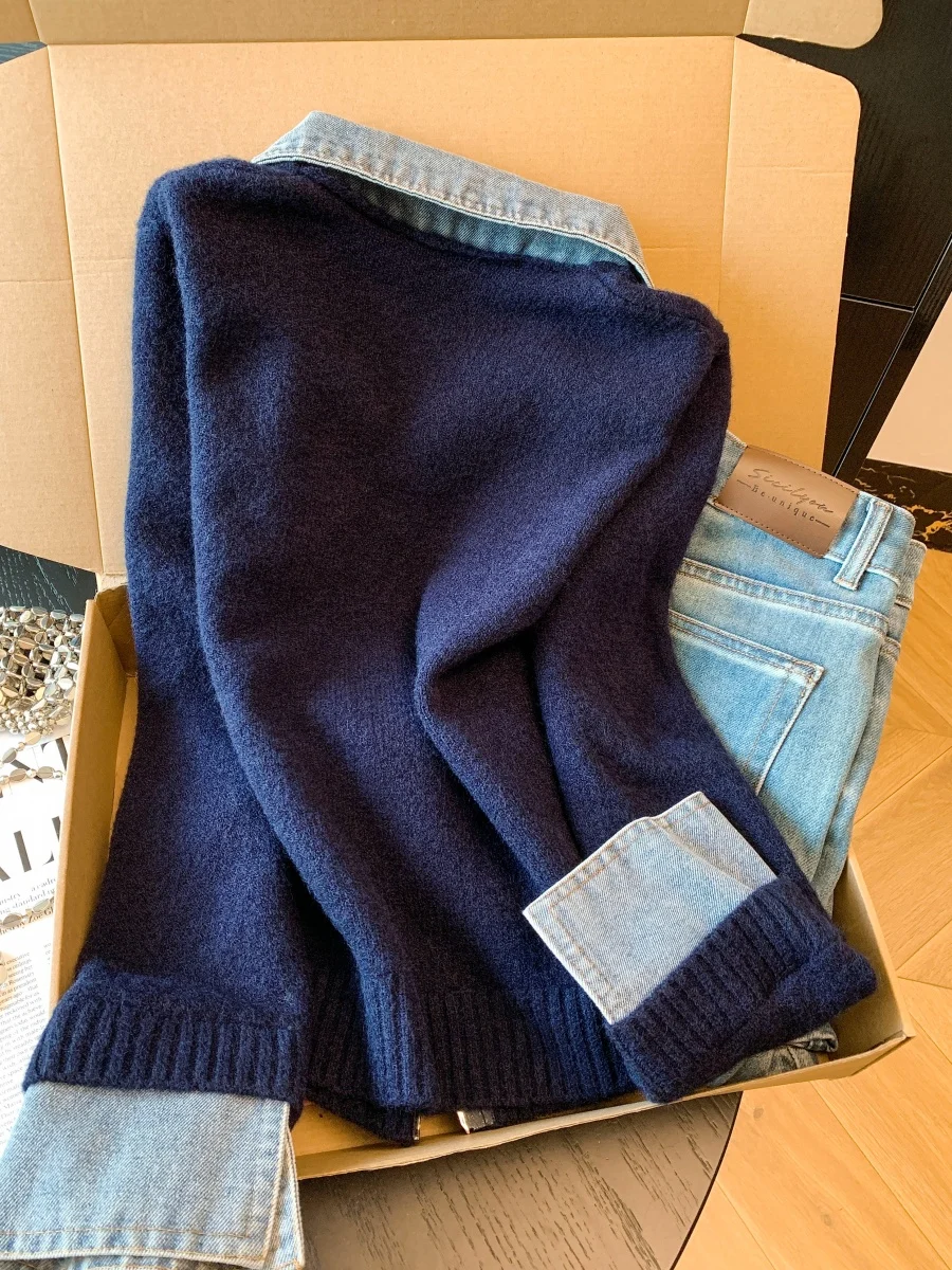 Sweter damski na jesień i zimę, dzianinowy, z denimowym kołnierzem, łączony, kardigan, nowy, elegancki, do pracy, dopasowany...