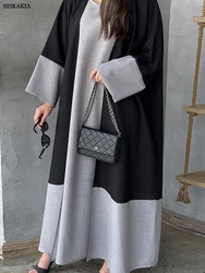 Siskakia moda na co dzień 2 sztuki zestawy muzułmańskie Eid Patchwork otwarte Kimono Abayas i długie sukienki bez rękawów marokański Kaftan afrykański