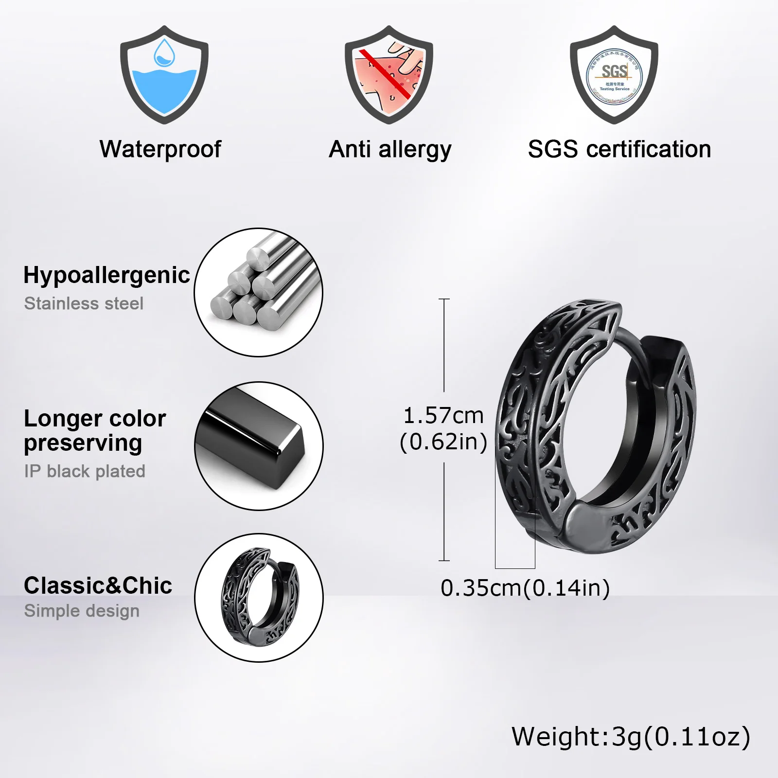 Vnox Luxury Monogrammed Mens Hoop Earrings,Thick Small Stainless Steel Huggies Earrings, Gothic Punk Ear Jewelry