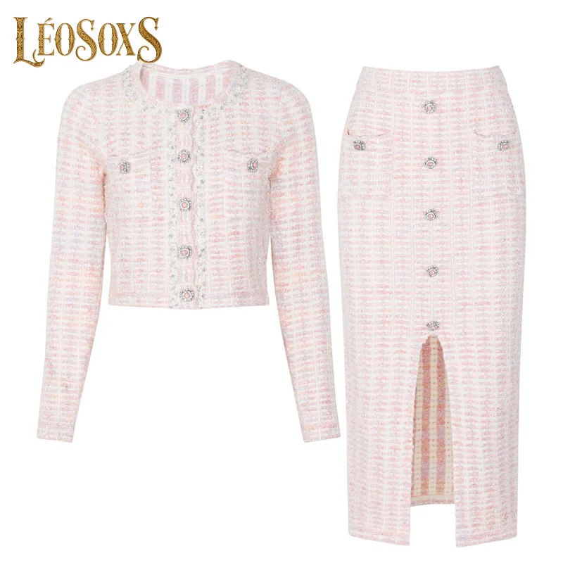 

LEOSOXS Women's Elegant Tweed Skirt Suit Long Sleeve Cropped Coat Split Midi Bottom For Work Parties Special Occasions 2025