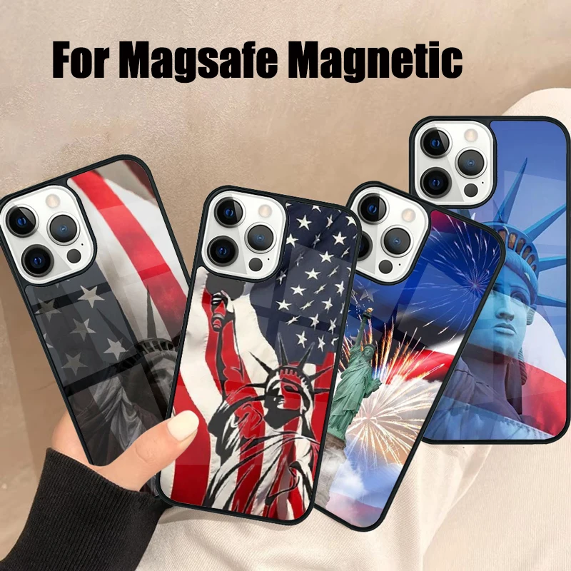 America Flag Statue of Liberty Magsafe Phone Case For iPhone 16 15 14 13 12 11 Pro Max Plus Mini Mirror Wireless Magnetic Cover