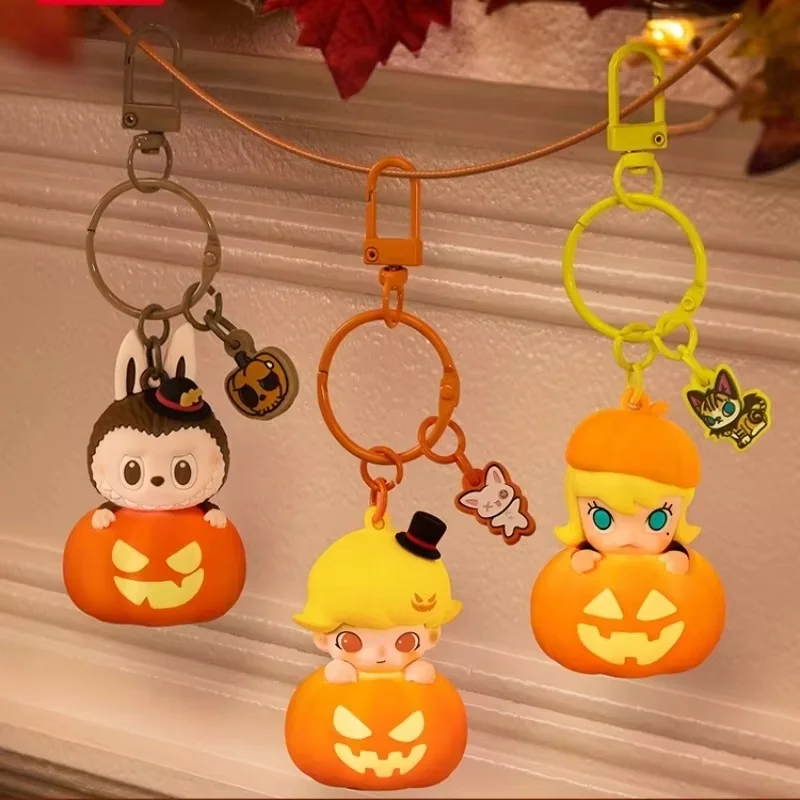 New Genuine 2024 Halloween Strange Dionysia Series Labubu Pumpkin Shine Pendant Dimoo Small Pendant Molly Keychain Surprise Gift