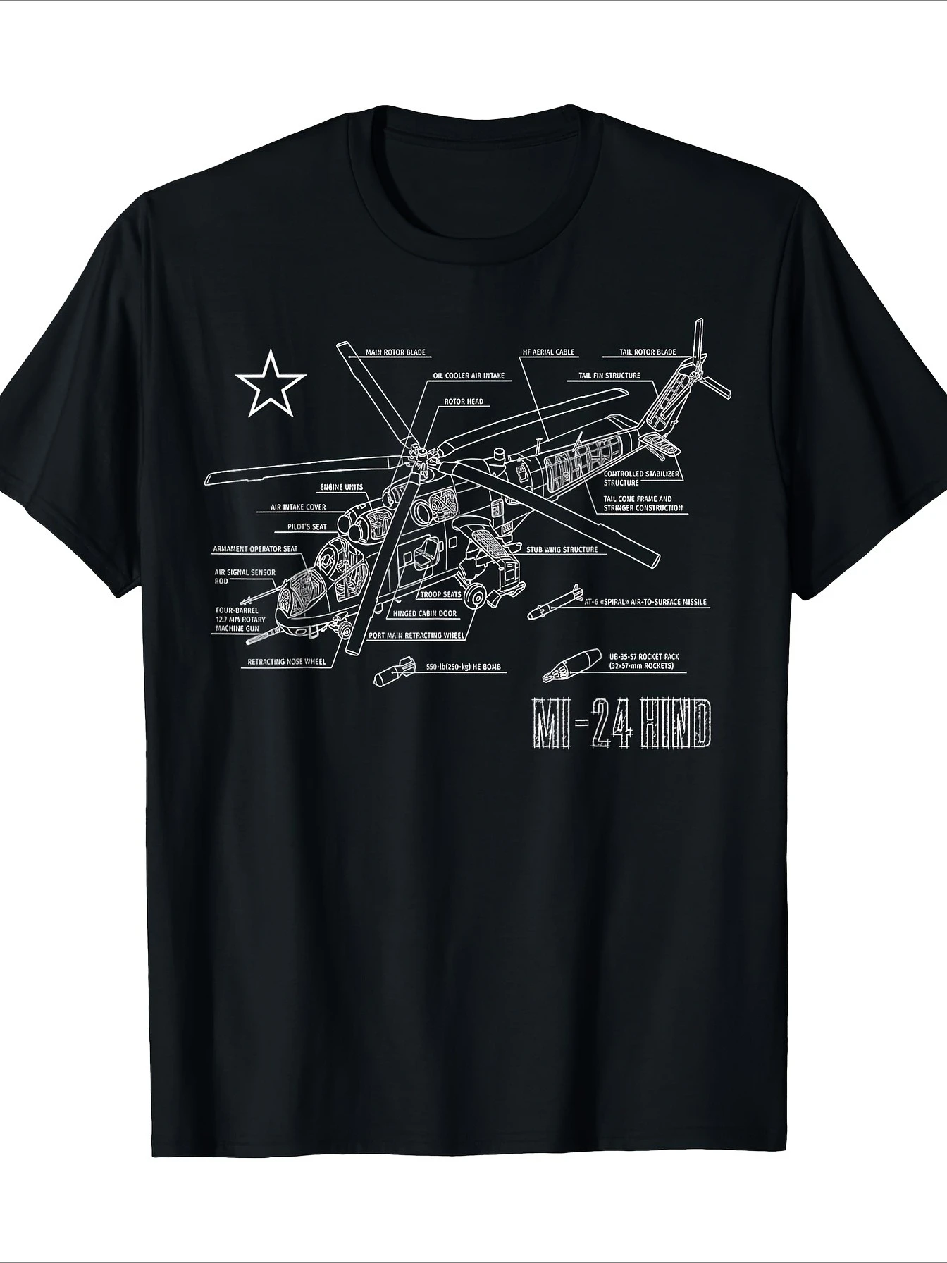 

Men's Russian MI-24 Hind Helicopter Blueprint T-Shirt - 100% cotton summer short-sleeved printed casual T-shirt.