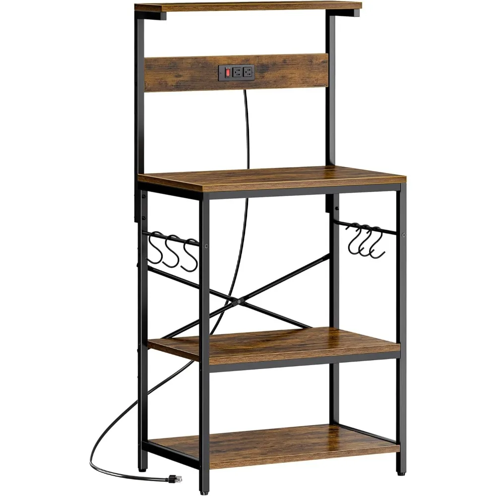 

Kitchen Bakers Rack with Power Outlet, Coffee Bar Table 4 Tiers, Kitchen Microwave Stand with 6 S-shaped Hooks, Storag