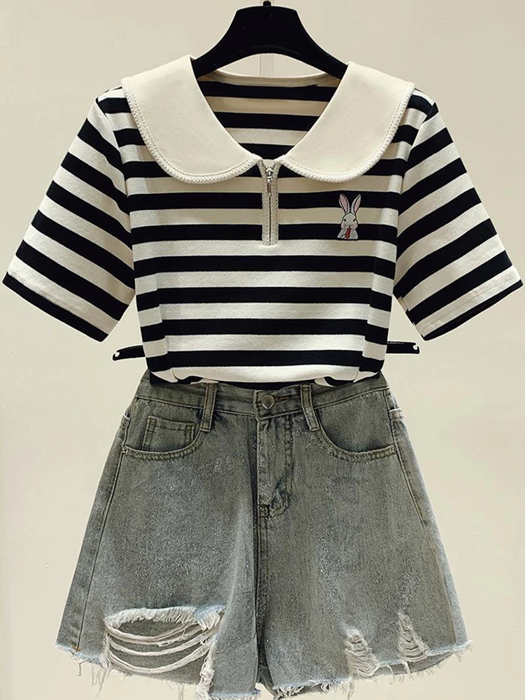 Short sleeved T-shirt Women\'s 2023 Summer New Polo Front Shoulder Stripe Loose Small Top