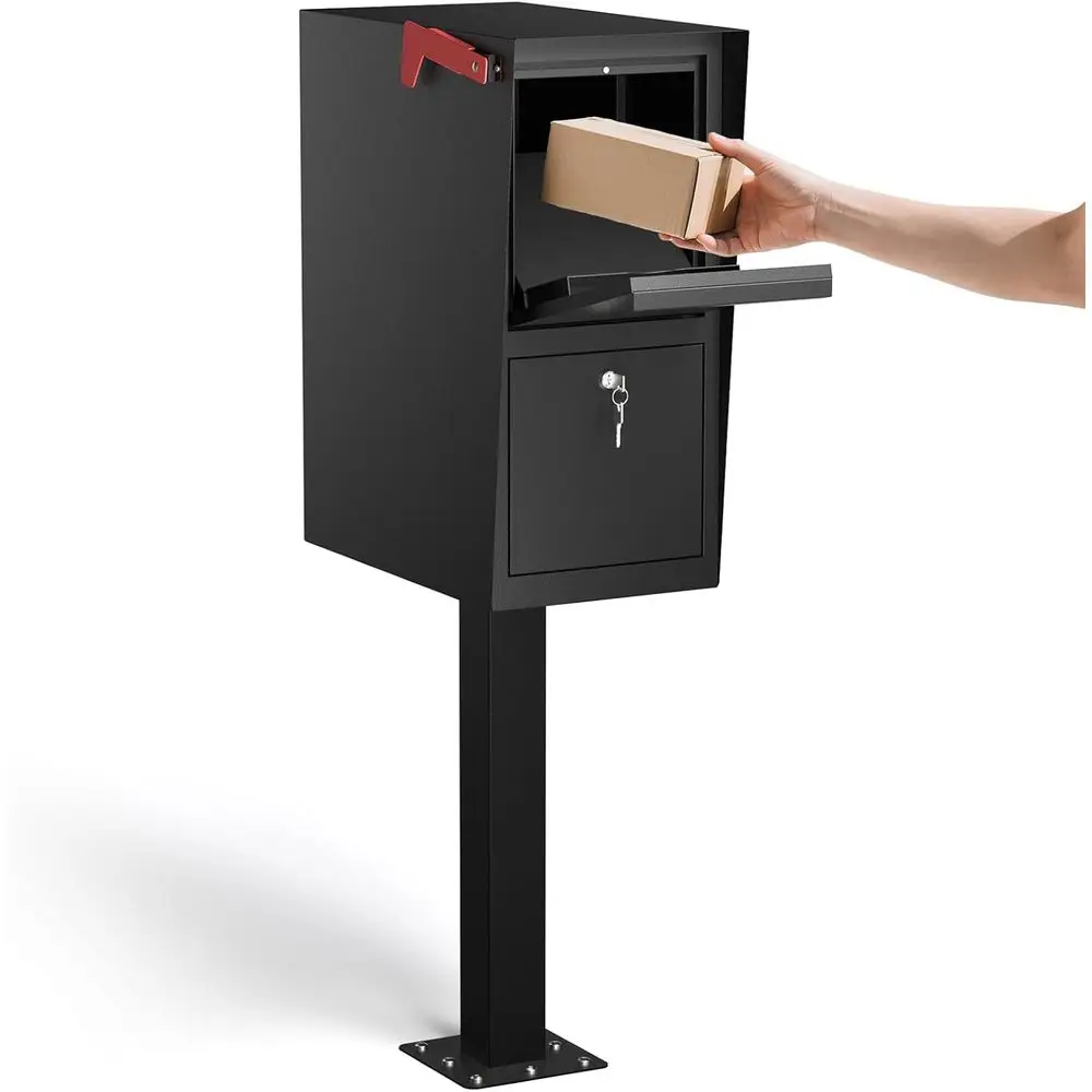 

Large Outdoor Locking Mailbox Post with Base Plate - Secure Weekend Mail Storage (Black)