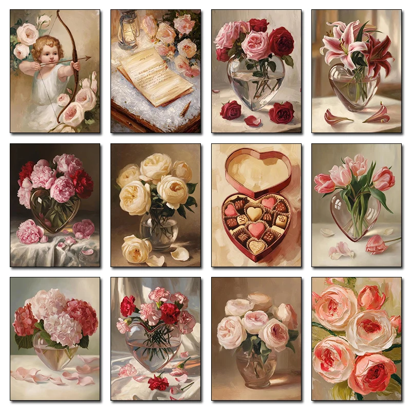 Peony Tulip Pink Roses Valentines Day Romantic Floral Vase Poster Print Wall Art Pictures Diamond Painting Room Home Decor Gif