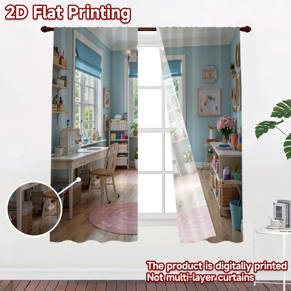 2D flat 2pcs Curtain Vintage drapes and curtains Pastel Blue Craft Room Durable polyester fiber Birthday Party Perfect for Home