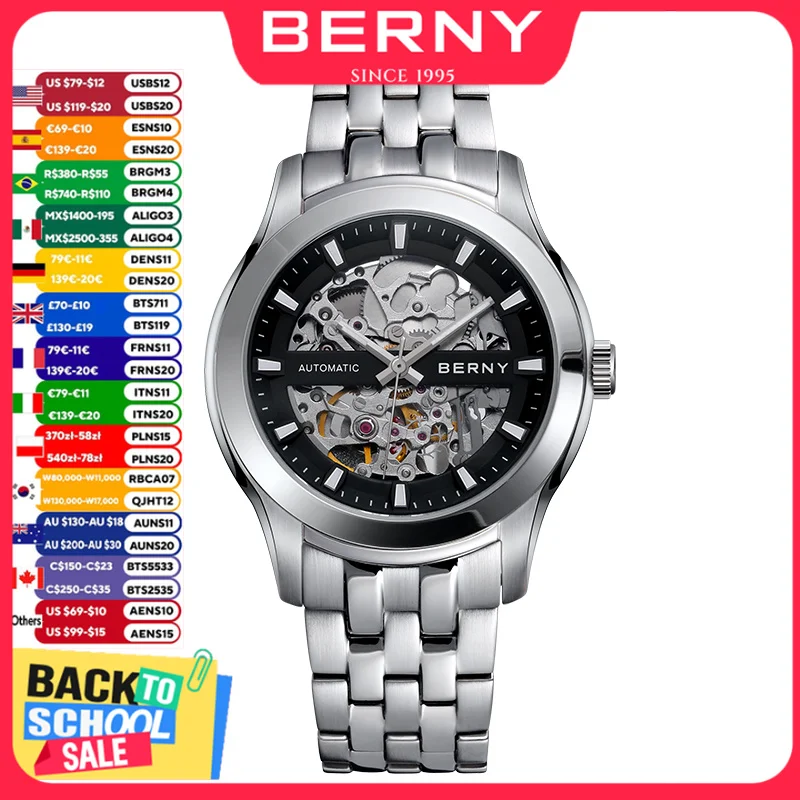 BERNY Skeleton Herren-Mechanikuhr, luxuriös, Miyota 8N24, Saphirglas, automatischer Selbstaufzug, 5ATM wasserdichte Uhren