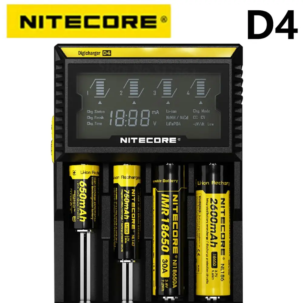 nitecore-d4バッテリー充電器-lcdスマート充電-18650-14500-16340-26650電池対応-12v充電器-単3電池-単4電池対応