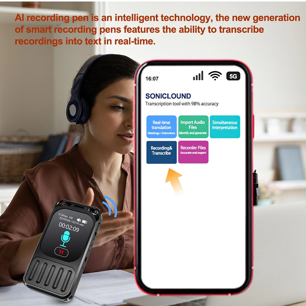 

Vandlion Al-Powered Voice Recorder Speech-to-Text & Summarization Blue toothMobile App control Touchable Screen Dictaphone