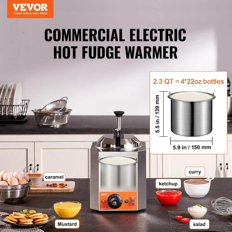 VEVOR Elektrischer Spender mit Pumpe, 2,3 Qt kommerzieller Hot Fudge-Wärmer, beheizter Pumpspender aus Edelstahl, 86–230 Temperatur