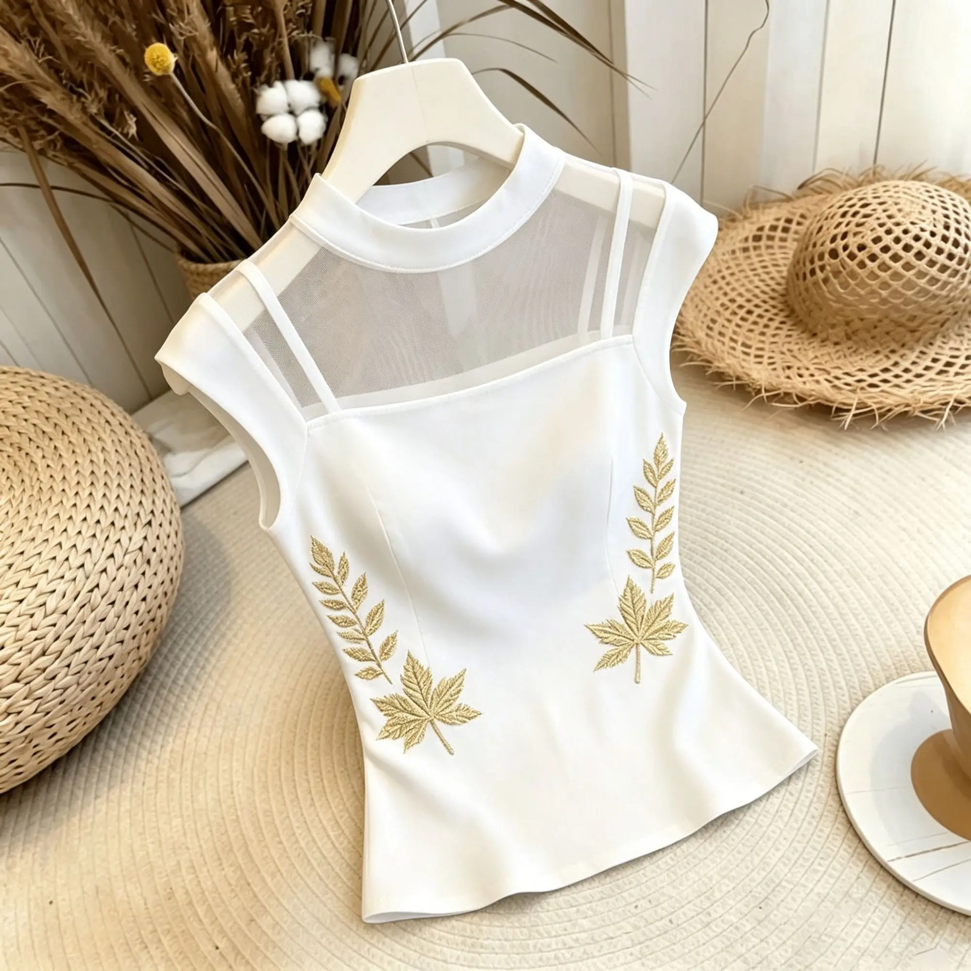 Elegant National Style Sleeveless Vest Top Women's Maple Leaf Stand Collar Lace Paneling Waist Cinching Lady's Small Shirt