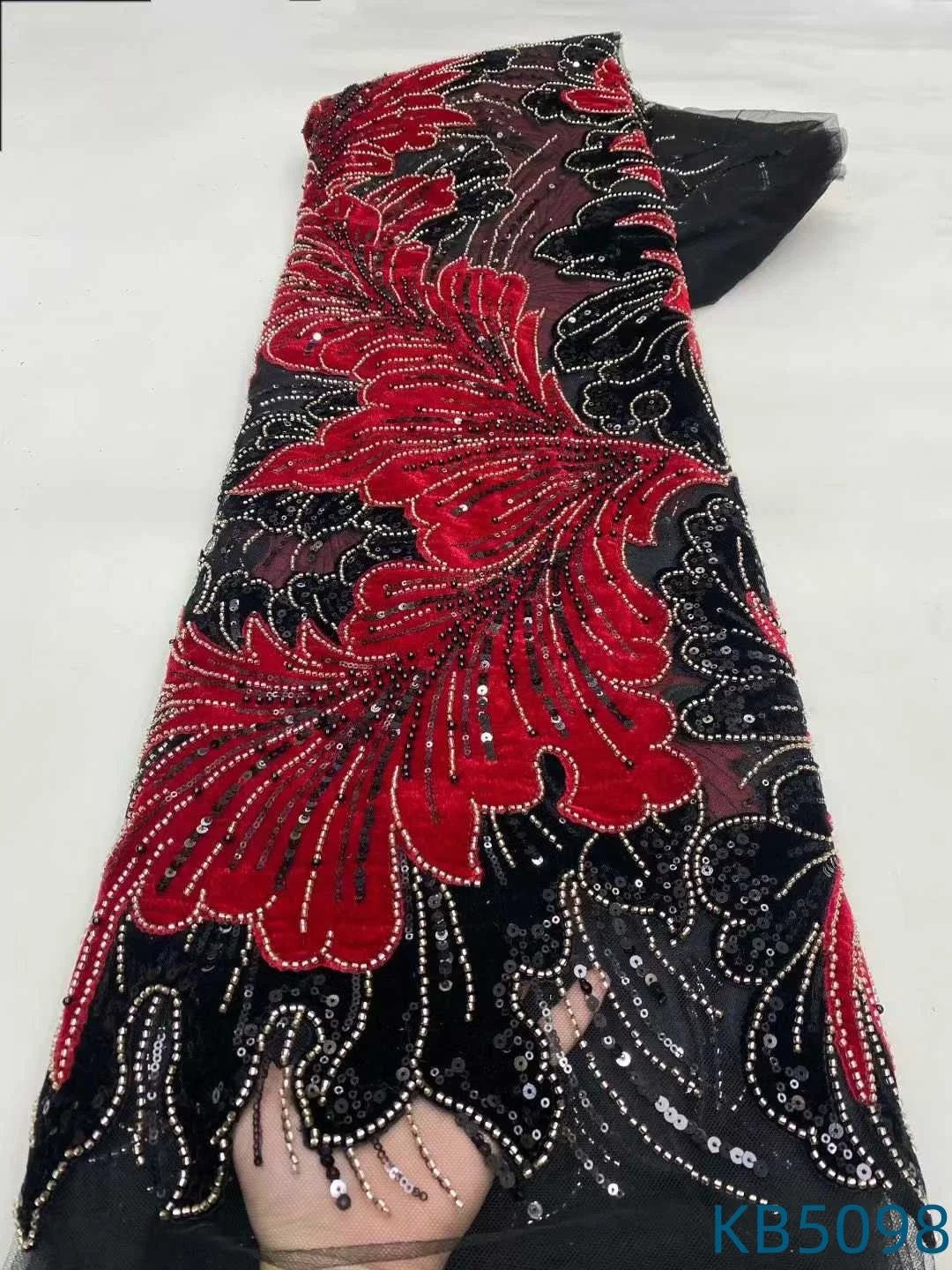 African Velvet Sequins Lace Fabrics Green Beads Tulle Lace Fabric Nigerian Embroidered Lace Fabrics French Net For Sewing KB5098