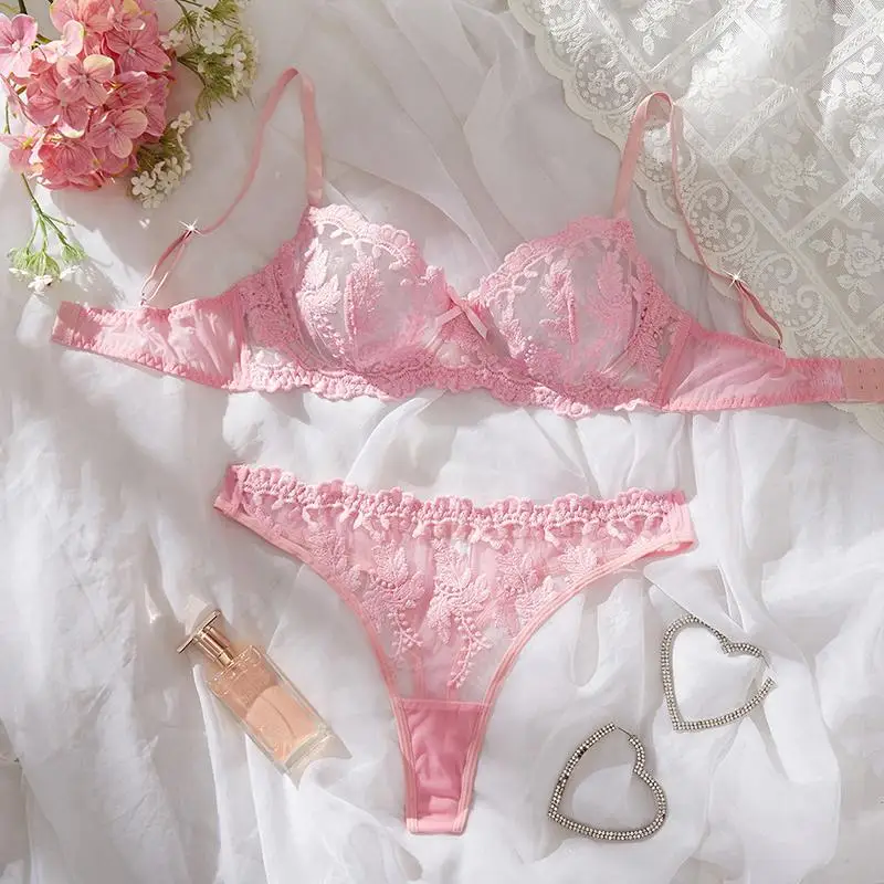 Sexy Girl Lingerie Set Pink Floral Lace Lingerie Sweet Transparent Underwear Delicate Embroidery Erotic Sets Push Up Bralette