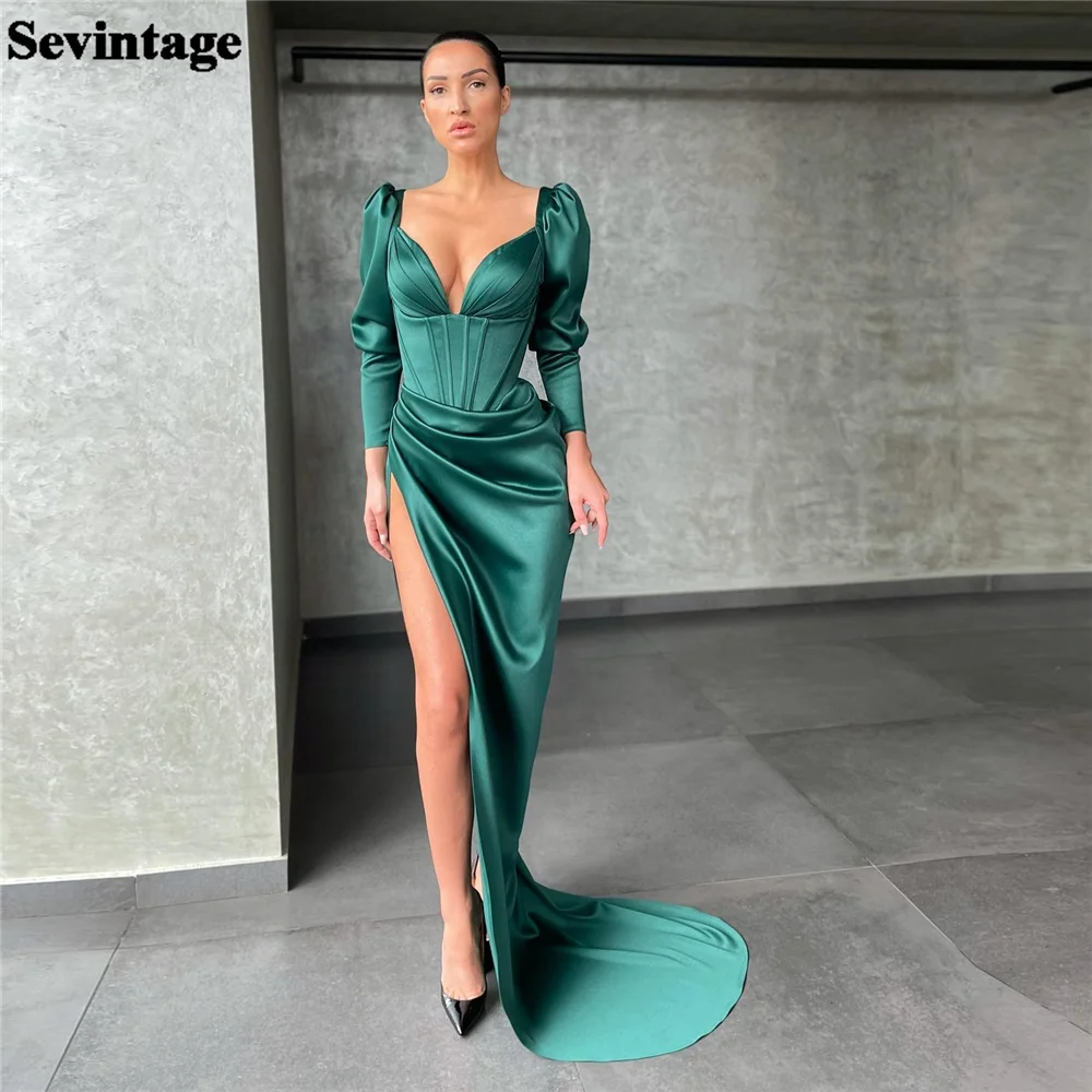 

Sevintage Fashion Green Mermaid Evening Dress Deep V-Neck Long Sleeves Floor Length High Side Slit Prom Gown Formal Party Gown