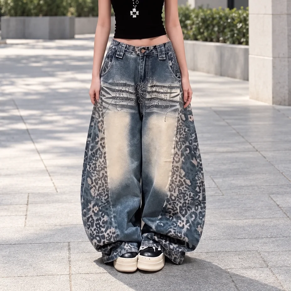 Patchwork Wide Leg Jeans Streetwear with Distressed Washed Faded Regular Thickness Leopard Print Rivet Autumn Ripped Women Jeans