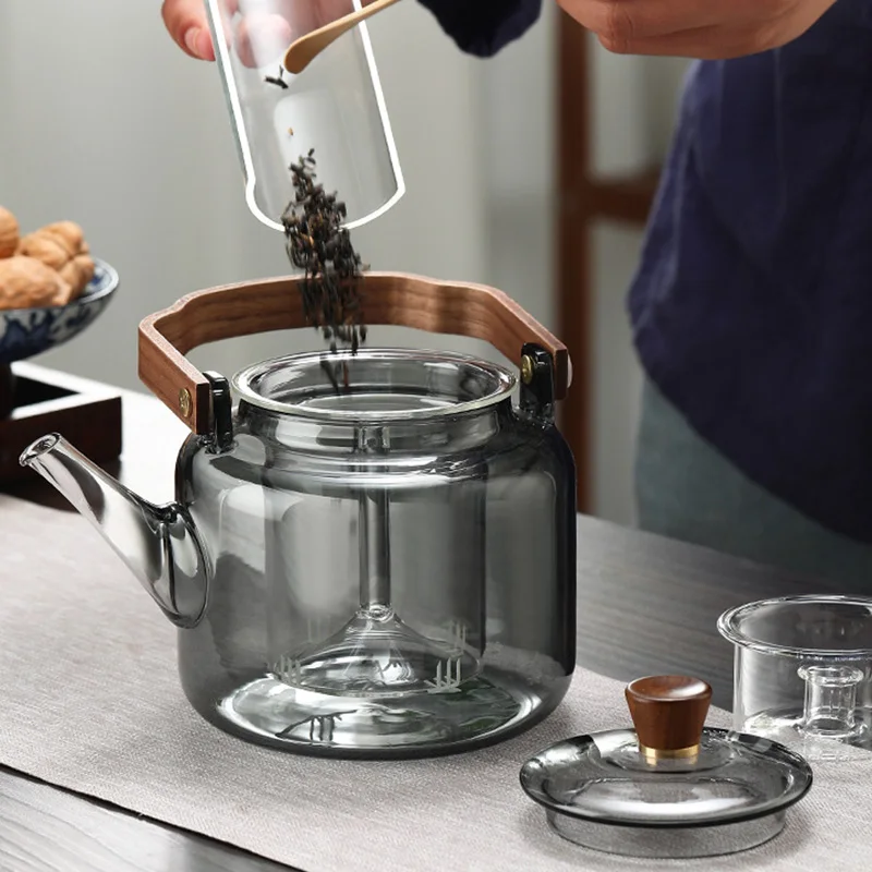 1.2L Gray Glass Teapot with Infuser Heat Resistant Flower Tea Kettle Transparent Tea Pot Portable Handle Pot Office Home Tea Set