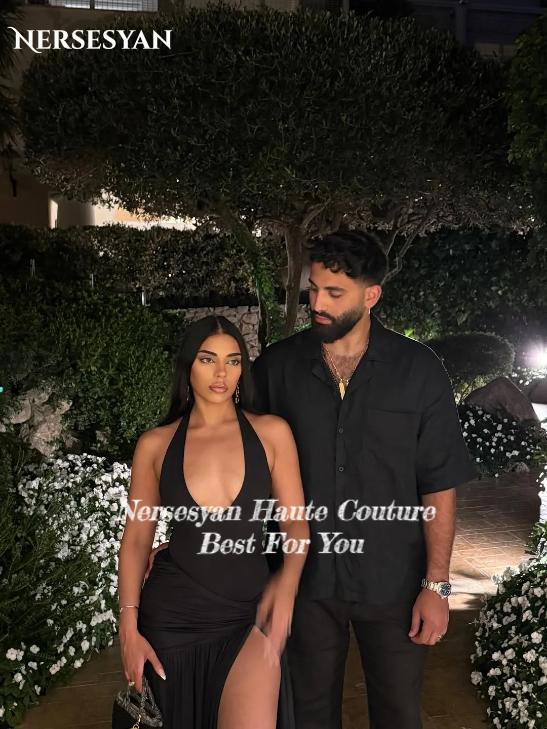 Nersesyan luxe noir sirène robes de soirée col en V profond fente latérale robe formelle plis moulante femmes robes de soirée personnalisé