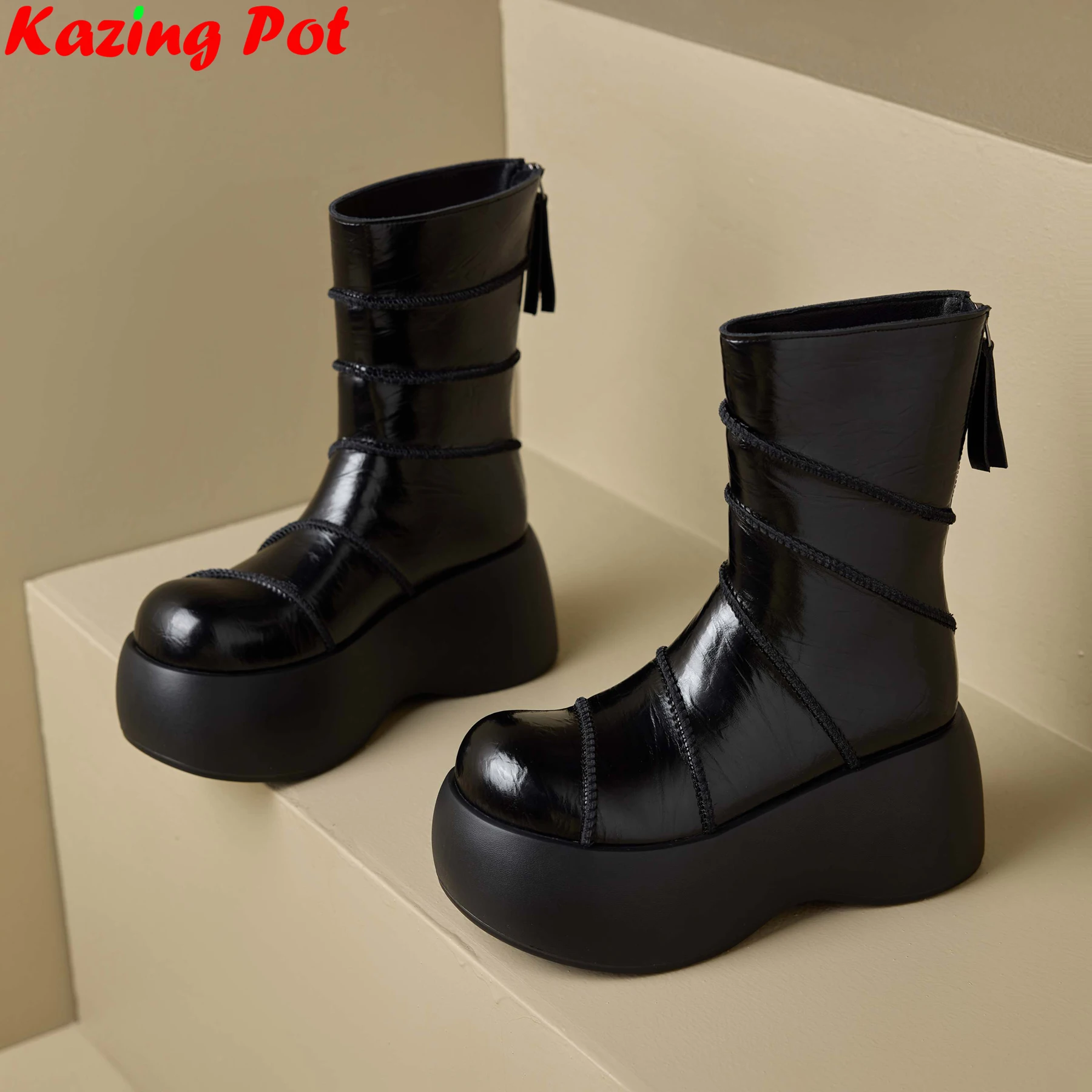 

Cow Skin High Heels Modern Fashion Boots Winter Autumn Retro Shoes Pleated Concise Casual Party Platform Brand Women Ankle Boots