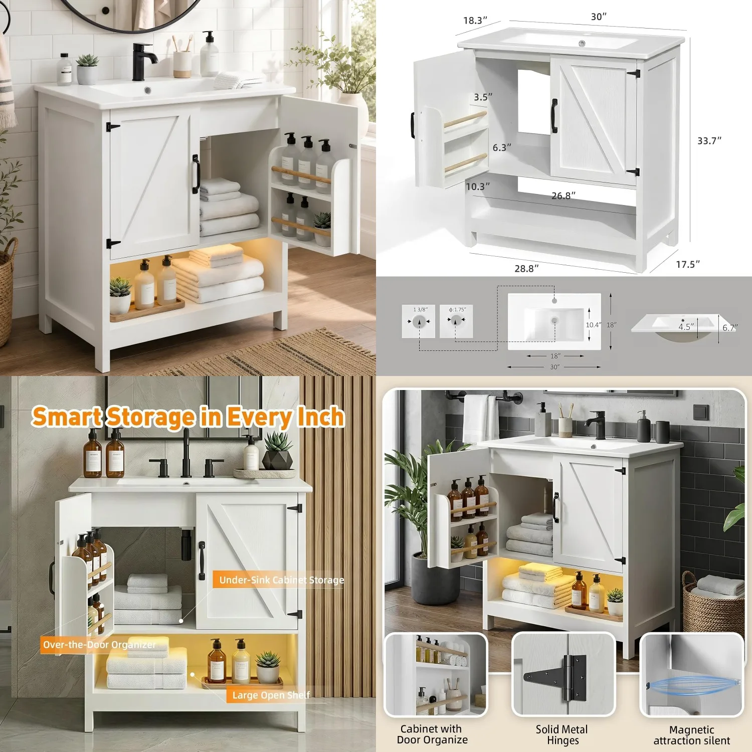 

30in Farmhouse Bathroom Vanity w/Sink, Drawers & Open Storage Shelf, Ceramic Sink, LED Light, White, Customized