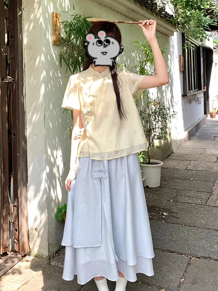 

Chic Chinese Style Short Sleeve Shirt And Skirt Set for Women with Button Design Ultra Fairy Tale Half Skirt Student Two Piec...