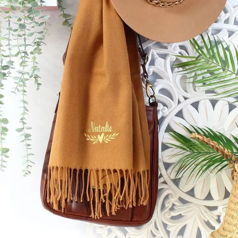 Personalised Namescarf Fashion Trendy Embroidered Scarf Custom Logo Scarf Solid Color Autumn Winter Tassel Shawl For Women Gift