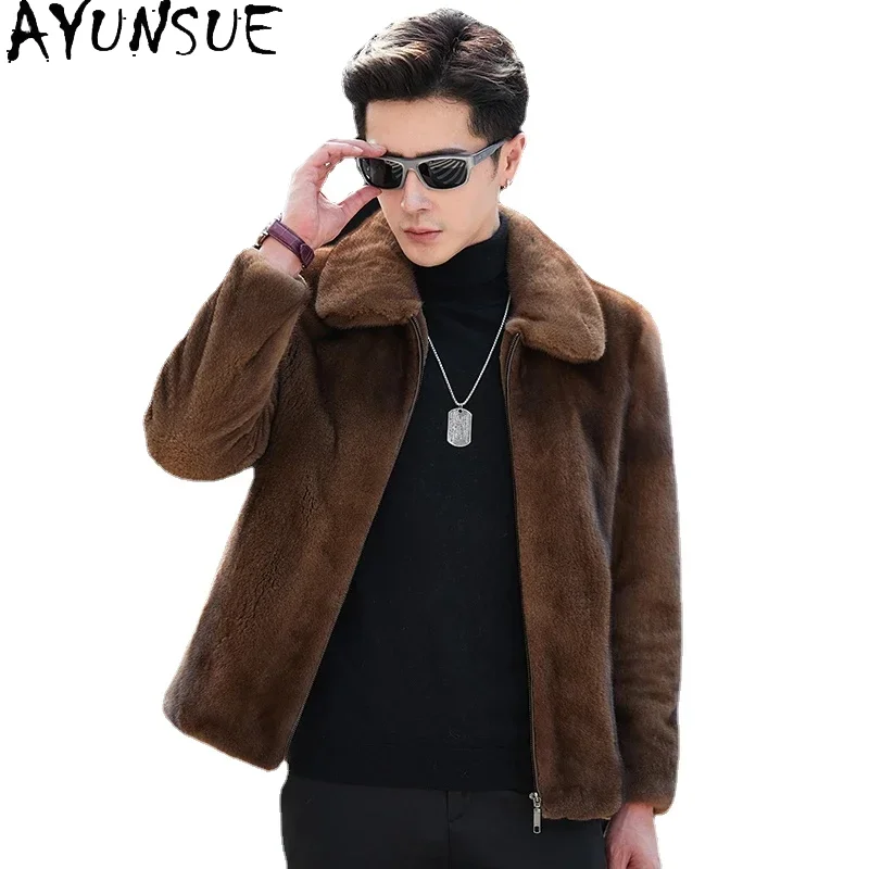 AYUNSUE Natural Fur Coat Winter Jackets for Men 2025 Top Quality Real Mink Fur Jacket Casual Business Fur Coats Lapel Chaquetas