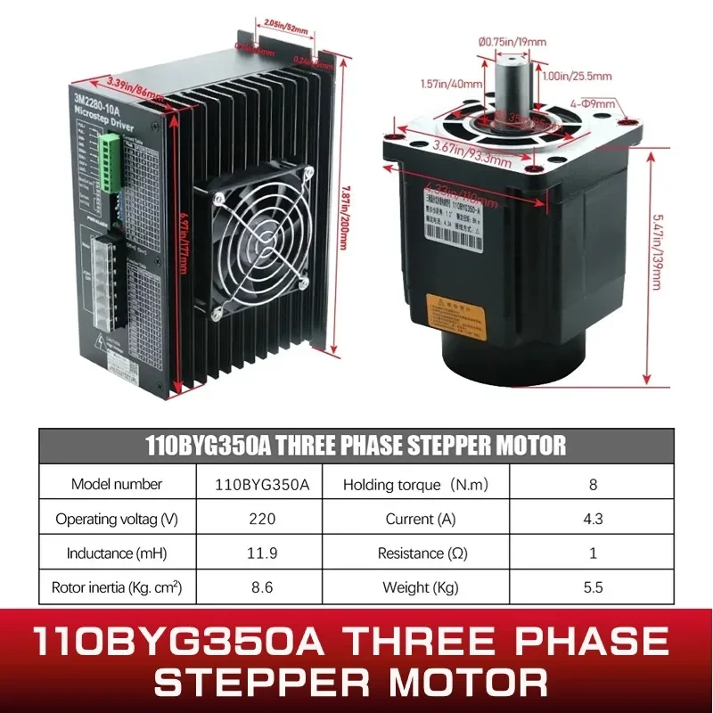 NEMA 42 3Phase AC Stepper Motor Kit 110mm 8N.m 110BYG350A 3M2280-10A Driver 220V Hybrid 4.3A CNC Router Table Engraving Machine