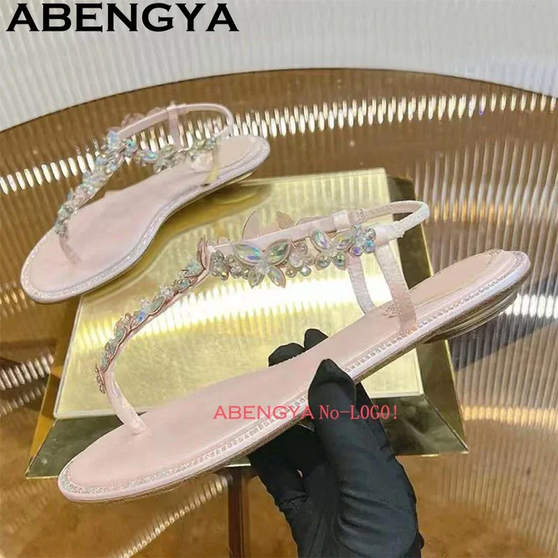 ABENGYA 2025 Summer New Women's Flat Flip Flops Beach Sandals European Style Casual Clip Toe Rhinestone Sandals Femme Slides