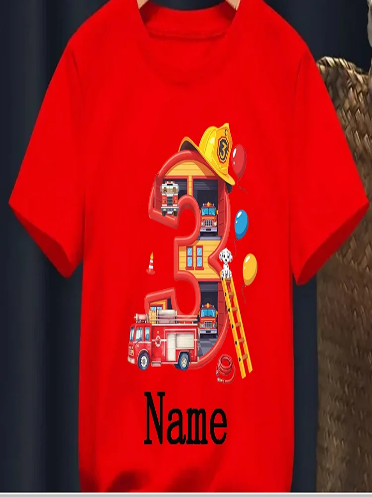 Funny 3rd Birthday Fire Truck Themed T-Shirt for Kids Custom Name Firefighter Party Shirt Boy/Girl Summer Short Sleeved Birthday