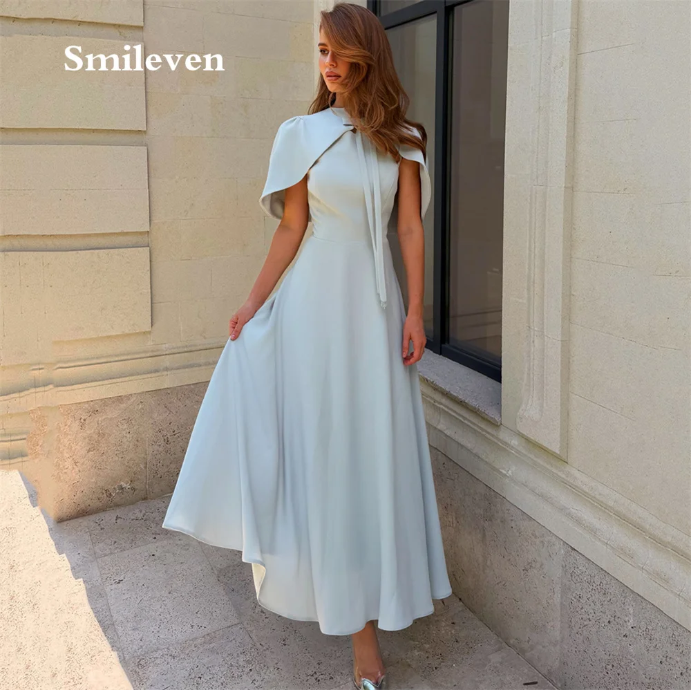 Smileven Light Mint A‑Line Midi Prom Dresses High Neck Cape Sleeve Evening Dress Front Bow Knot Party Gowns Customized 2026