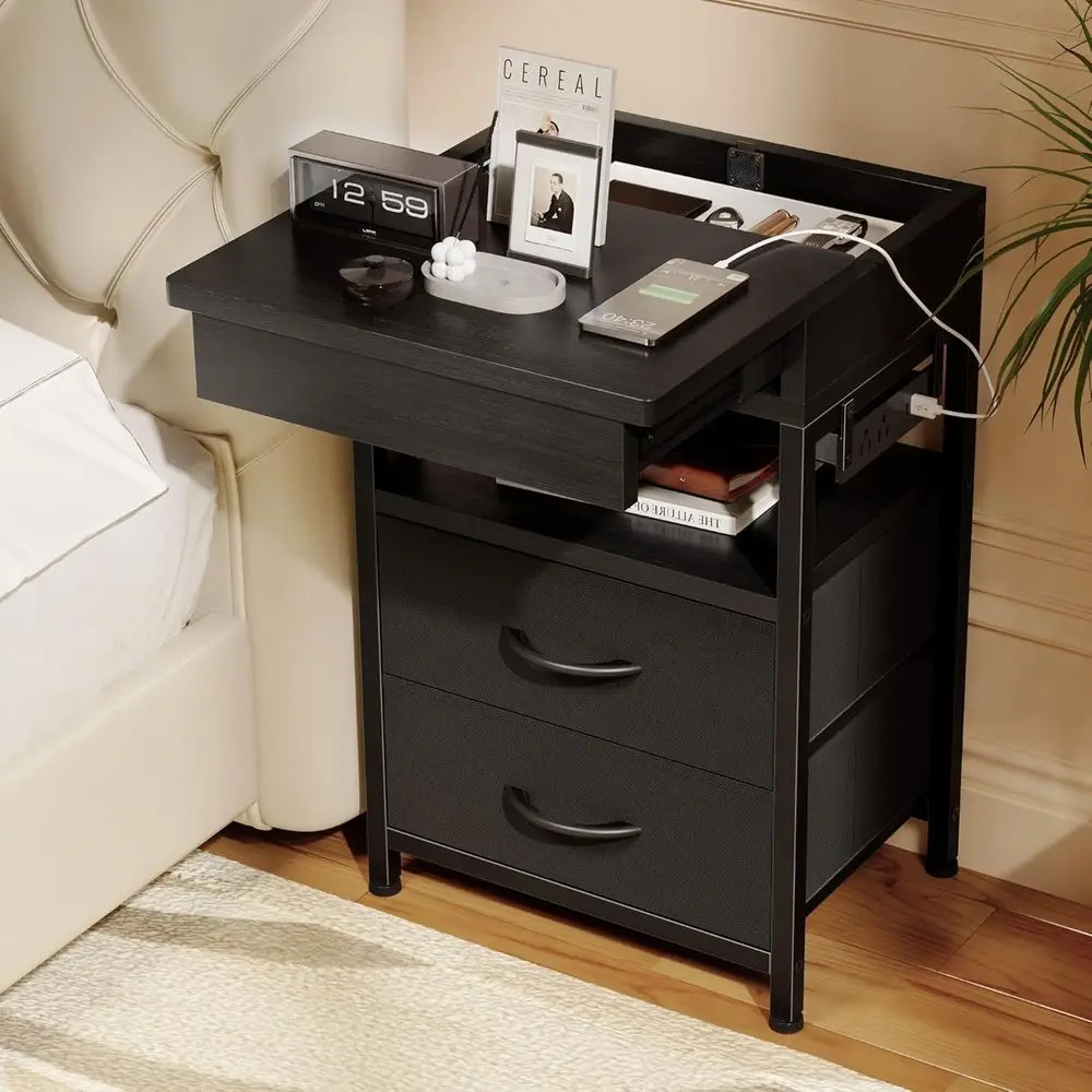 

Modern Charging Nightstand with Sliding Top Storage, 2 Drawers for Bedroom or Living Room, Black