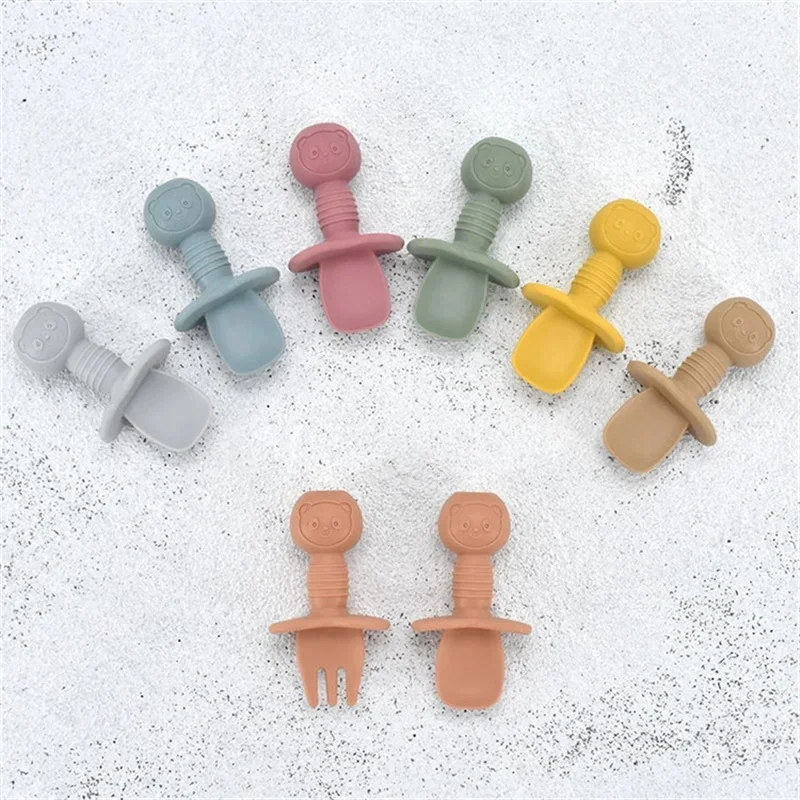 Newborn Food Grade Silicone Mini Fork Spoon Baby Panda Pattern Utensils Feeding Stuff Learn To Eat Children Tableware Set